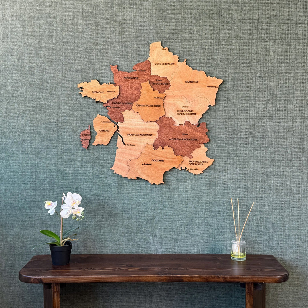 Wooden France map on a green textured wall above a dark console with an orchid