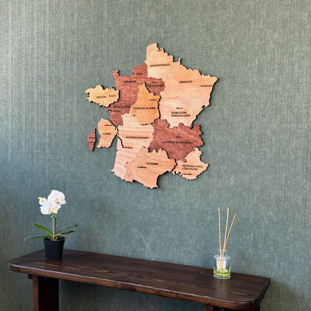 France wood wall map above a dark console table, closer angled shot