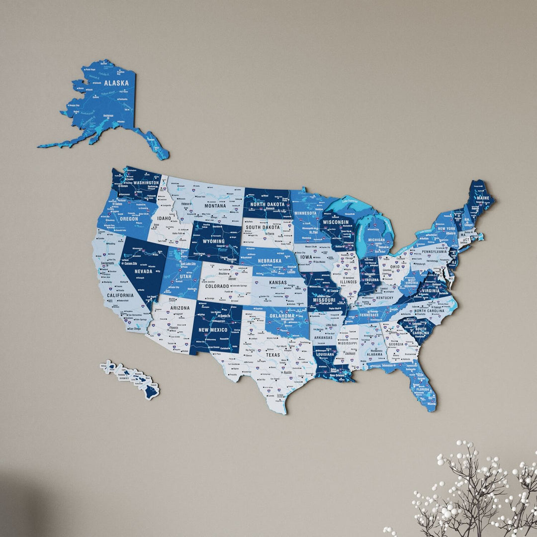 Wooden USA Map Wall Decor - 3D Multilayered Design - Navy