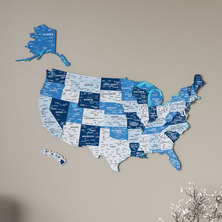 Wooden USA Map Wall Decor - 3D Multilayered Design - Navy