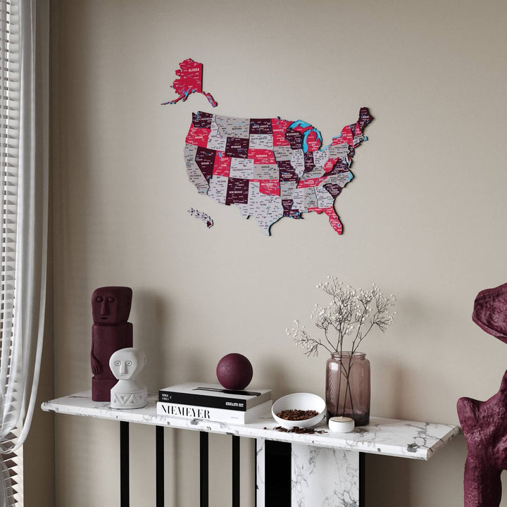 United States Wooden Wall Map - Multilayered & UV Printed Design - Crimson