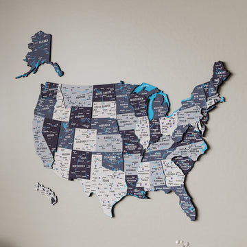 Nimbus 3D wooden USA map in light and dark gray layers, full front view with Alaska and Hawaii