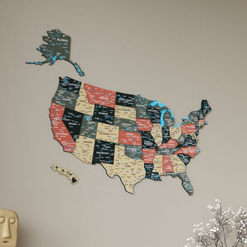 Sage multilayered United States wooden wall map with state names, straight-on close view with Alaska and Hawaii