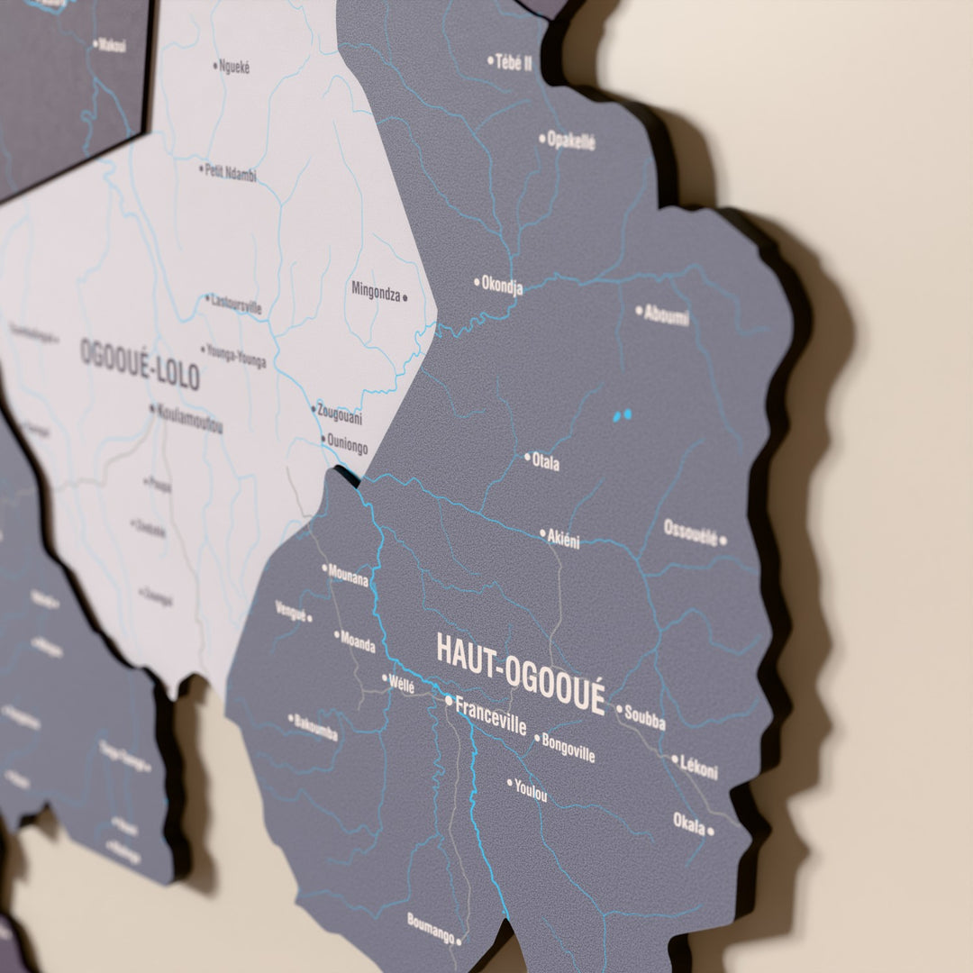 Close-up of the Nimbus Gabon wooden wall map with layered regions and printed names