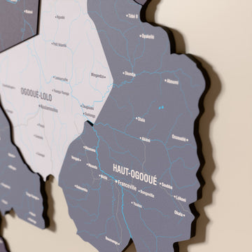 Close-up of the Nimbus Gabon wooden wall map with layered regions and printed names