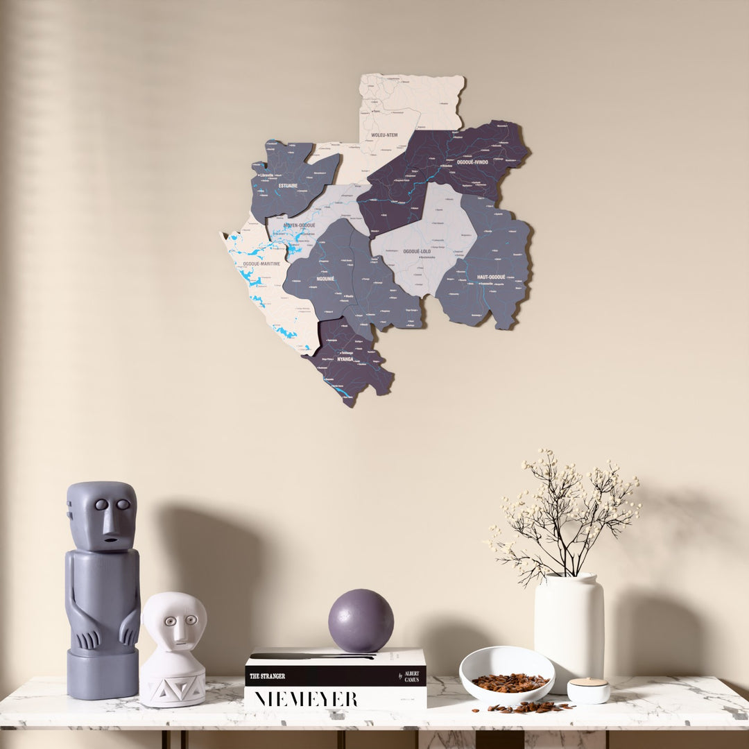 Nimbus Gabon wooden wall map above a marble console, front view