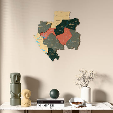 Sage Gabon wooden wall map above a marble console, front view