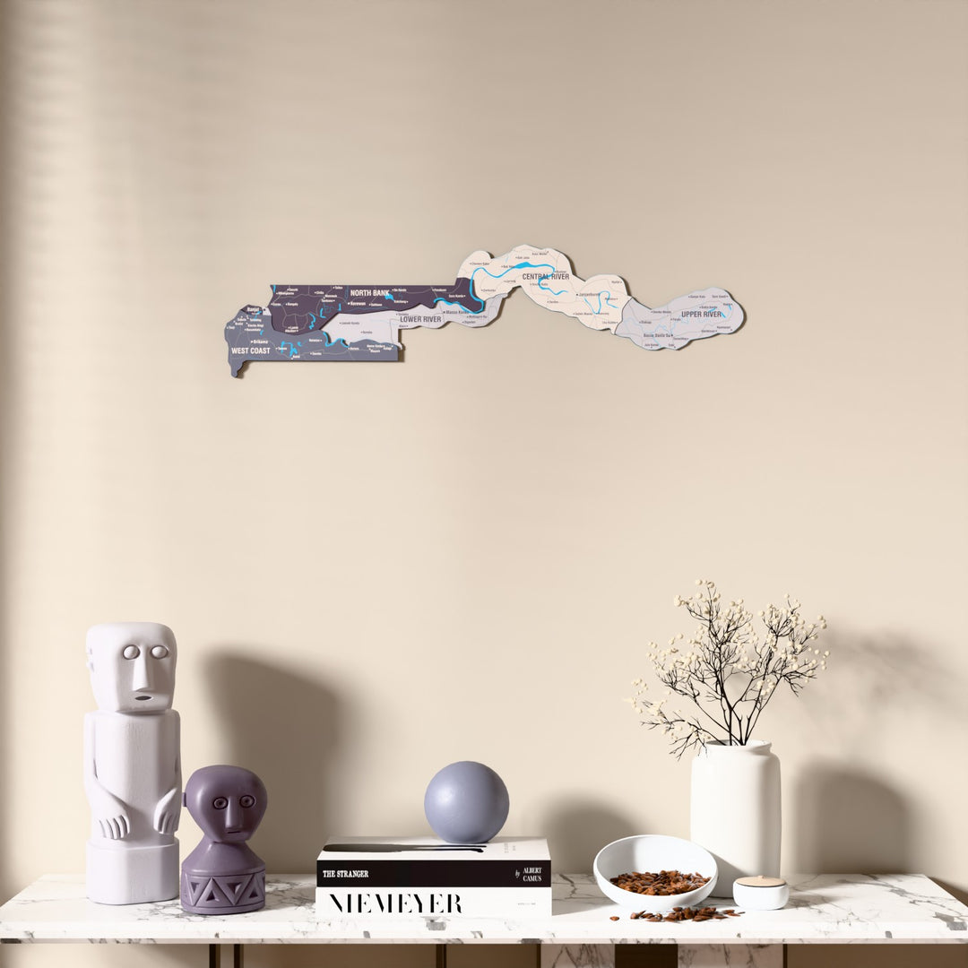 Nimbus Gambia wooden wall map above a marble console, front view