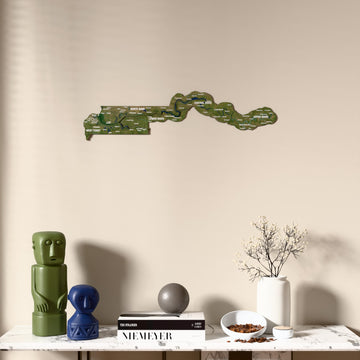 Satellite Gambia wooden wall map above a marble console, front view