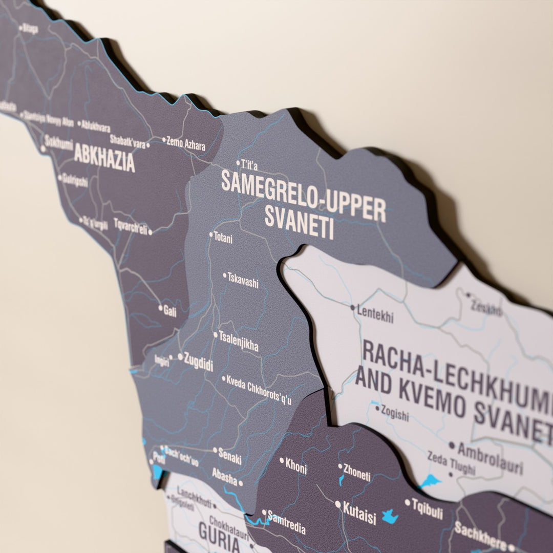 Close-up of the Nimbus Georgia wooden wall map with layered regions and printed names