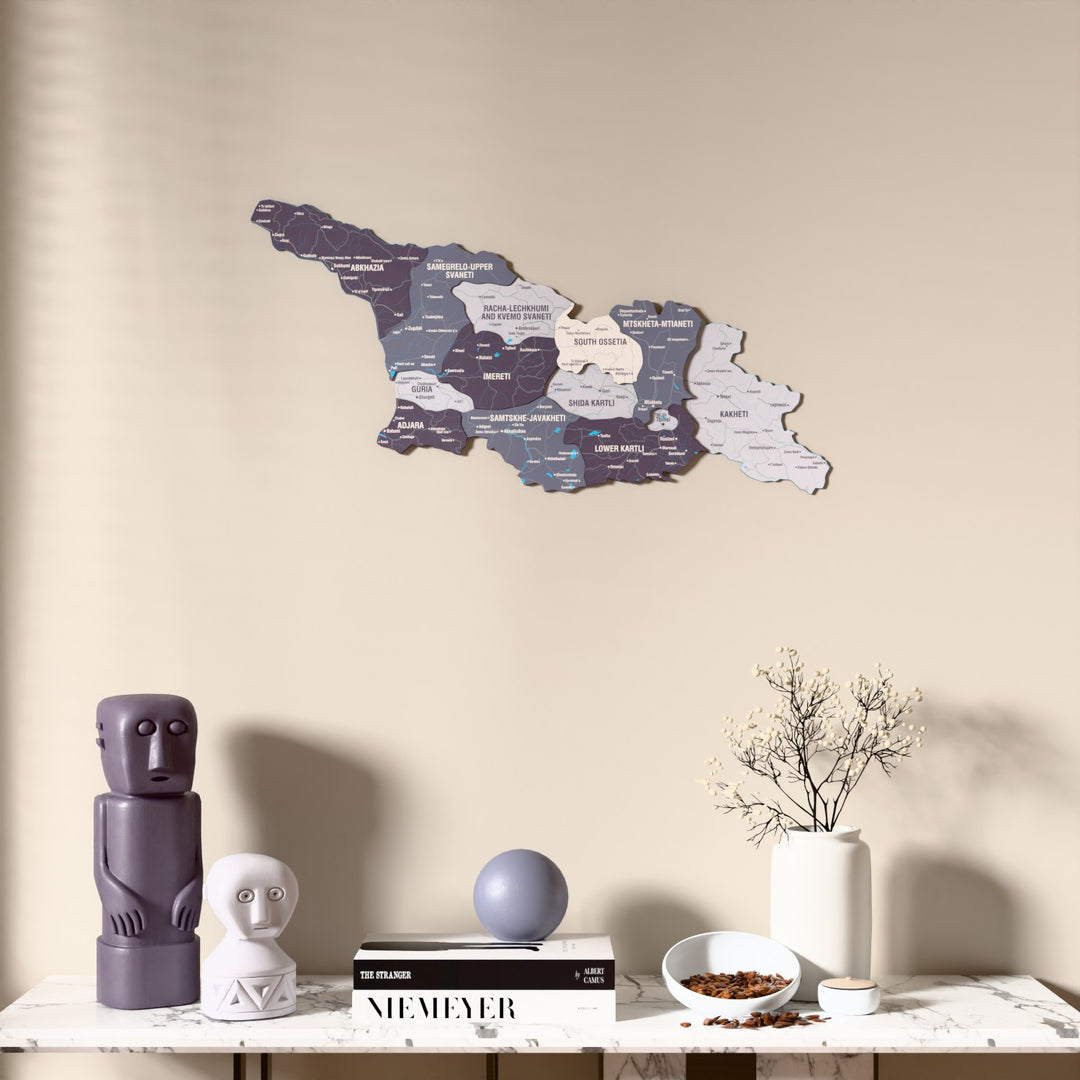 Nimbus Georgia wooden wall map above a marble console, front view