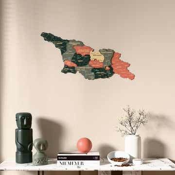 Sage Georgia wooden wall map above a marble console, front view