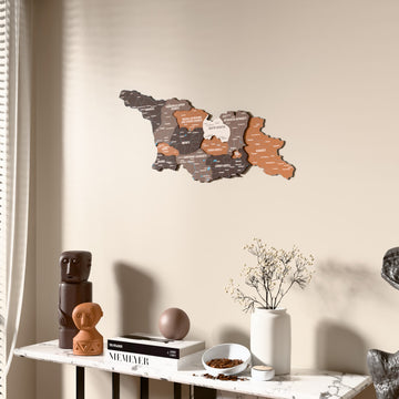 Soil Georgia wooden wall map beside a sheer curtain, angled view