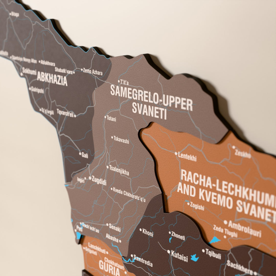 Close-up of the Soil Georgia wooden wall map with layered regions and printed names