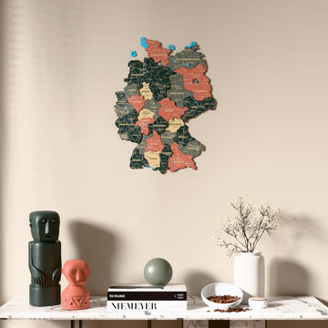 Sage Germany wooden wall map above a marble console, front view