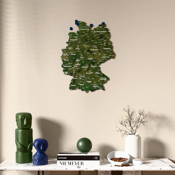 Satellite Germany wooden wall map above a marble console, front view