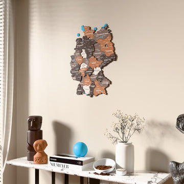 Soil Germany wooden wall map beside a sheer curtain, angled view