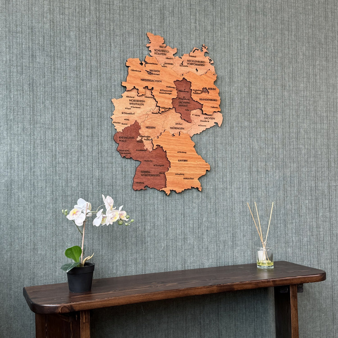 Germany plywood wall map above an angled console table with an orchid