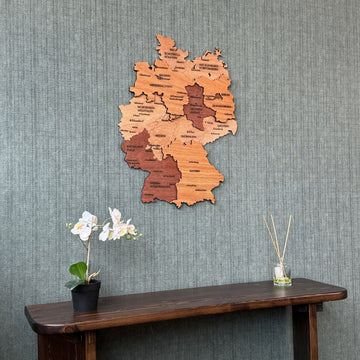 Germany plywood wall map above an angled console table with an orchid