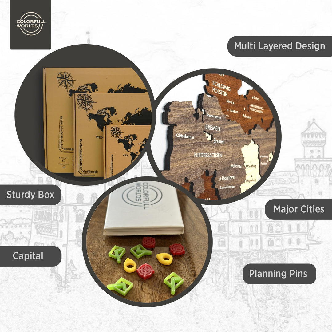 Infographic of the Germany wood map: multi layered design, major cities, capital, planning pins and sturdy box