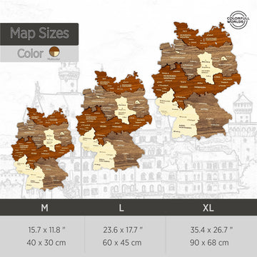 Size chart for the wooden Germany map: M 15.7 x 11.8 in, L 23.6 x 17.7 in and XL 35.4 x 26.7 in, multicolor
