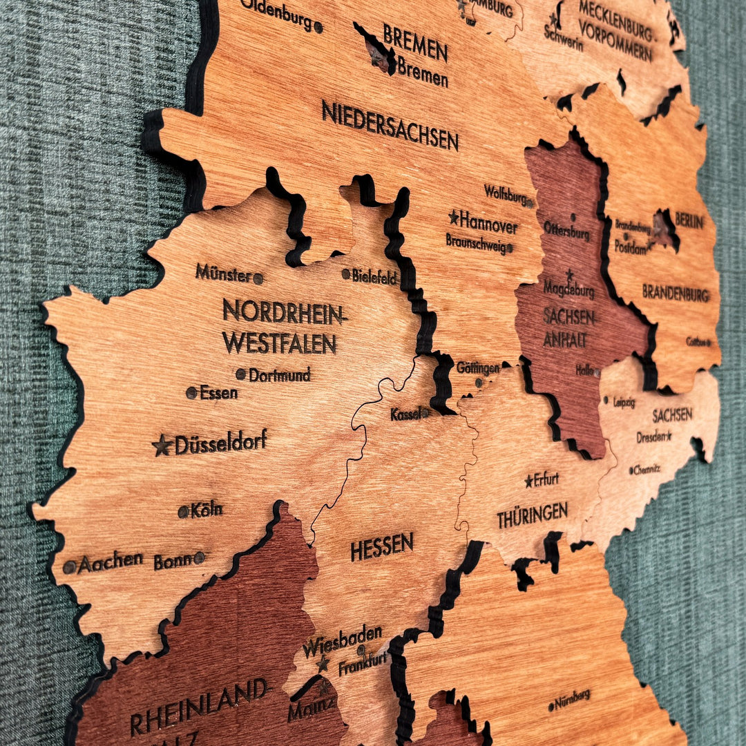 Close-up of Nordrhein-Westfalen, Hessen and Sachsen-Anhalt on the wooden Germany map