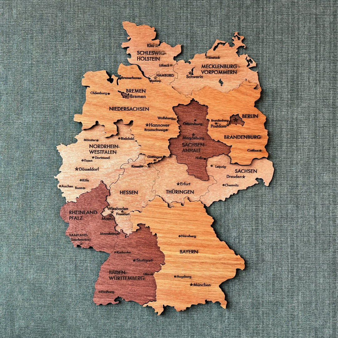 Wooden Germany wall map with state names in layered plywood, front view