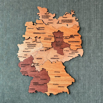 Wooden Germany wall map with state names in layered plywood, front view