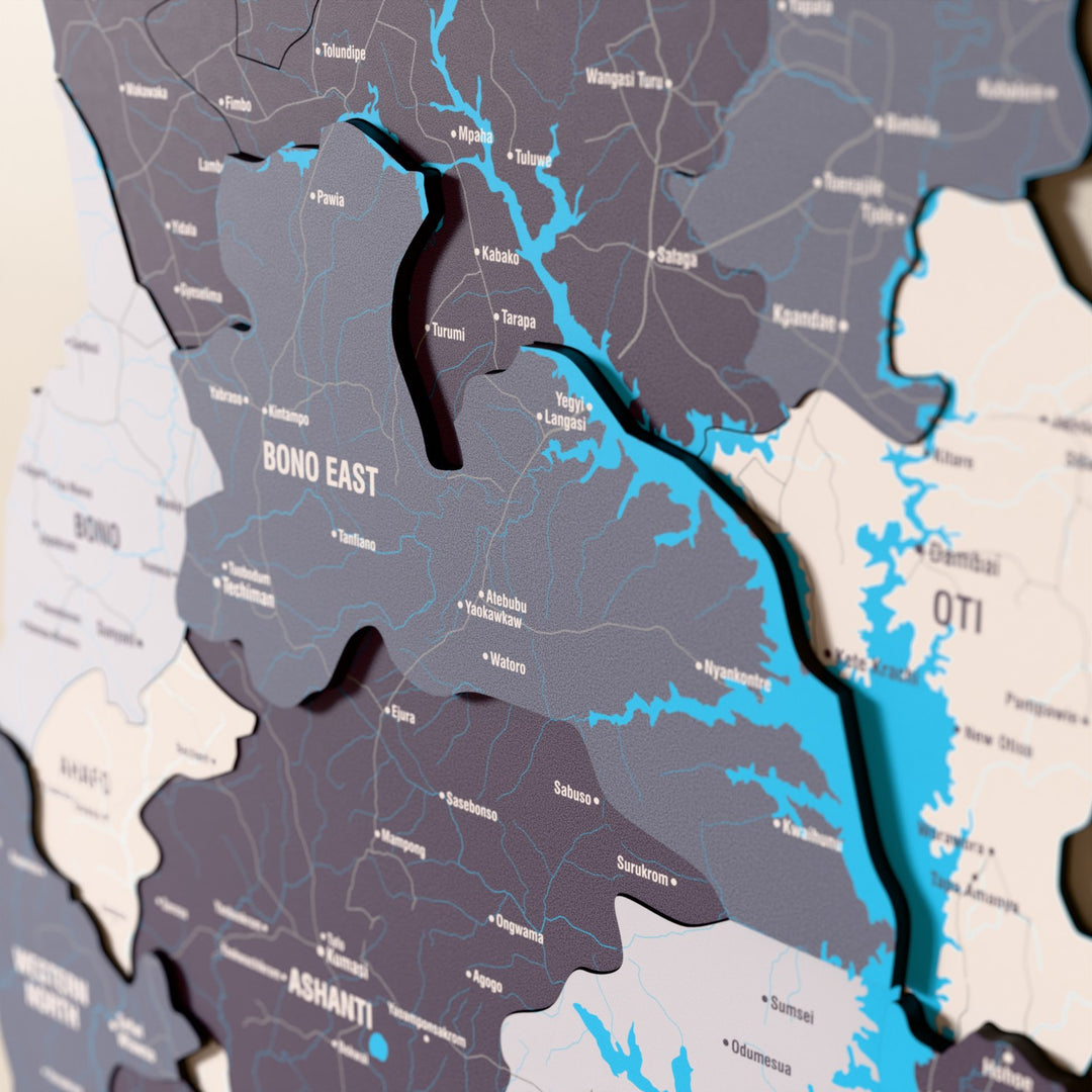 Close-up of the Nimbus Ghana wooden wall map with layered regions and printed names