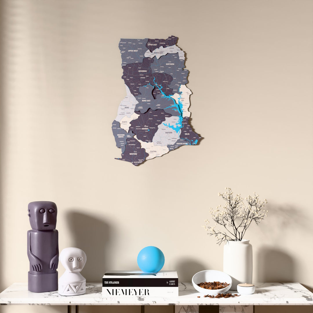 Nimbus Ghana wooden wall map above a marble console, front view