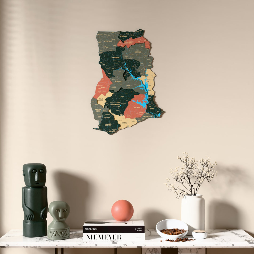Sage Ghana wooden wall map above a marble console, front view