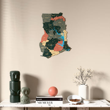 Sage Ghana wooden wall map above a marble console, front view