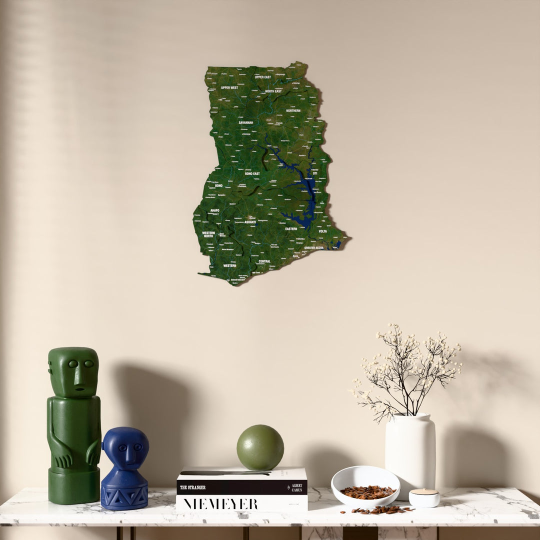 Satellite Ghana wooden wall map above a marble console, front view