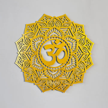 Gold OM mandala metal wall art with a lotus-petal cutout pattern around a raised OM symbol