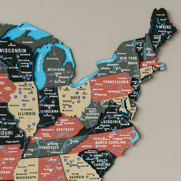 Close-up of Sage wooden US map layers showing Michigan, Ohio, Pennsylvania, Virginia and the Great Lakes