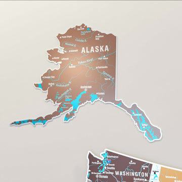 Close-up of the Alaska piece on the Soil metal USA map with rivers and Washington State below it