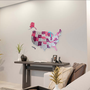 Crimson metal USA wall map with state names, wide view above a console table, a sofa and dried grass