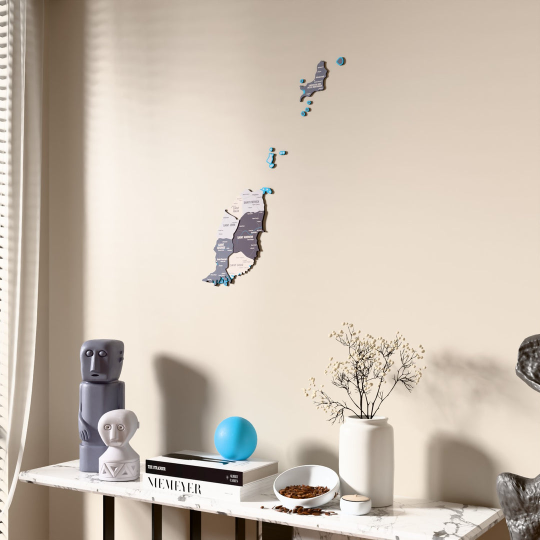 Nimbus Grenada wooden wall map beside a sheer curtain, angled view