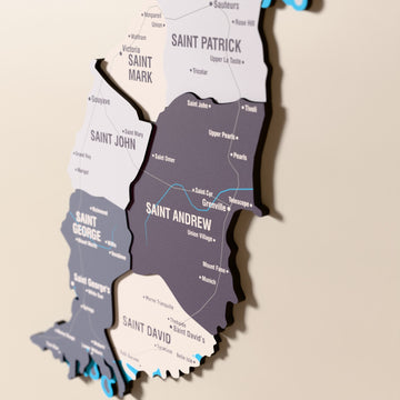 Close-up of the Nimbus Grenada wooden wall map with layered regions and printed names
