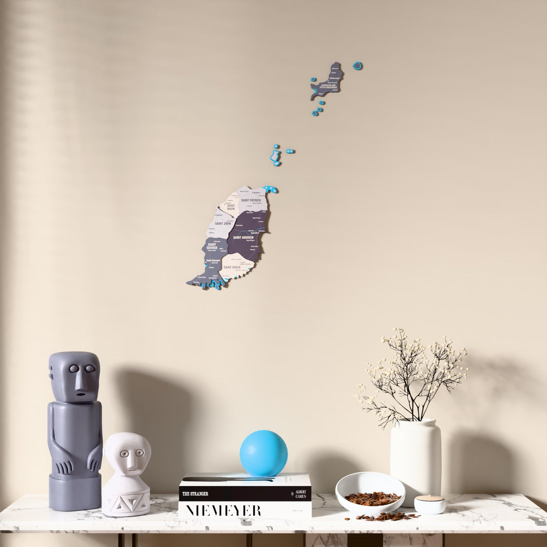 Nimbus Grenada wooden wall map above a marble console, front view