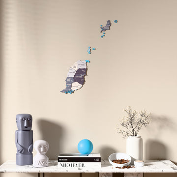 Nimbus Grenada wooden wall map above a marble console, front view