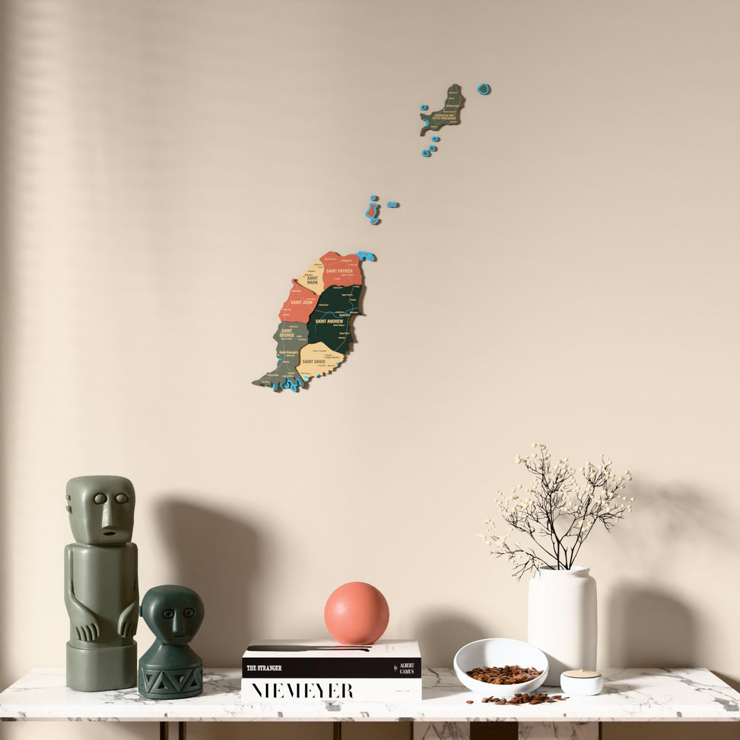 Sage Grenada wooden wall map above a marble console, front view