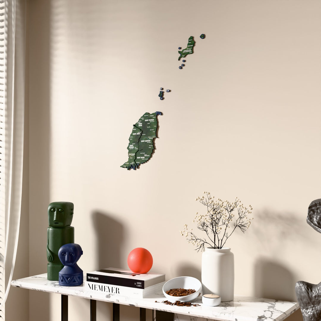 Satellite Grenada wooden wall map beside a sheer curtain, angled view