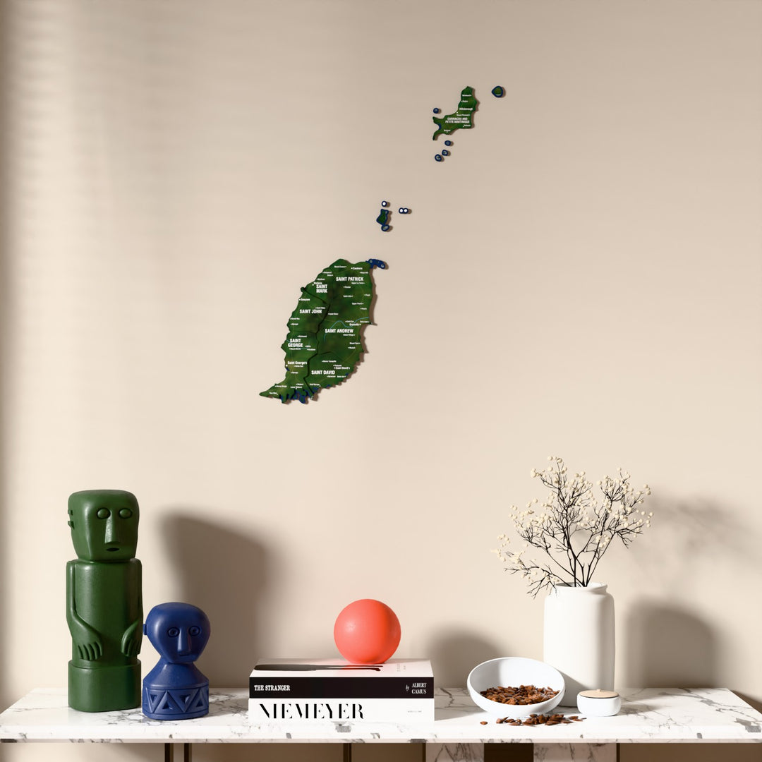 Satellite Grenada wooden wall map above a marble console, front view