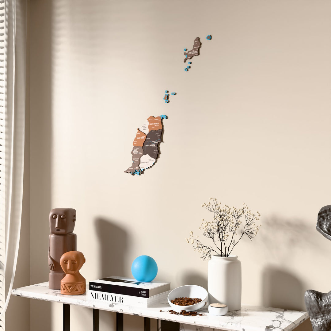 Soil Grenada wooden wall map beside a sheer curtain, angled view
