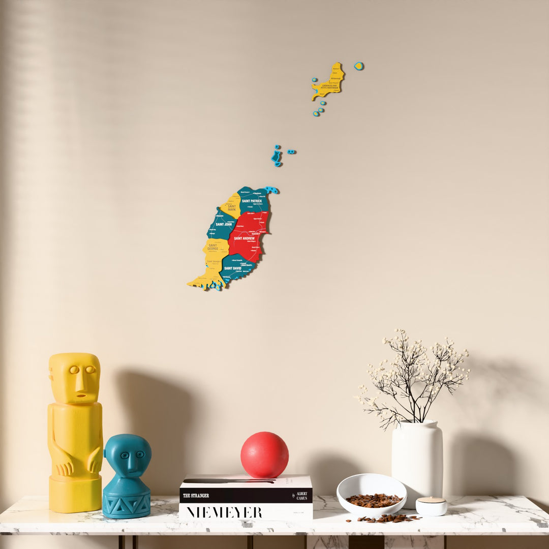 Flag colored Grenada wooden wall map above a marble console, front view