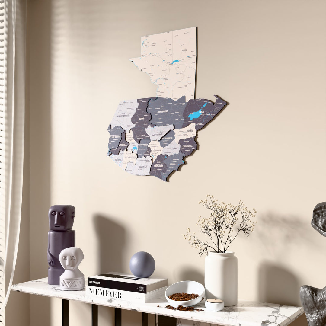 Nimbus Guatemala wooden wall map beside a sheer curtain, angled view
