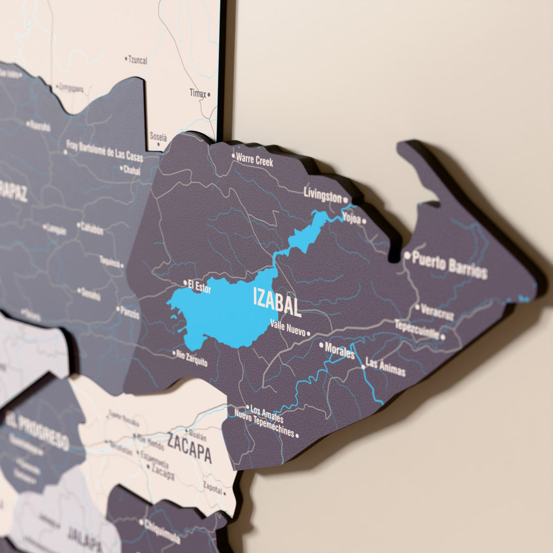 Close-up of the Nimbus Guatemala wooden wall map with layered regions and printed names