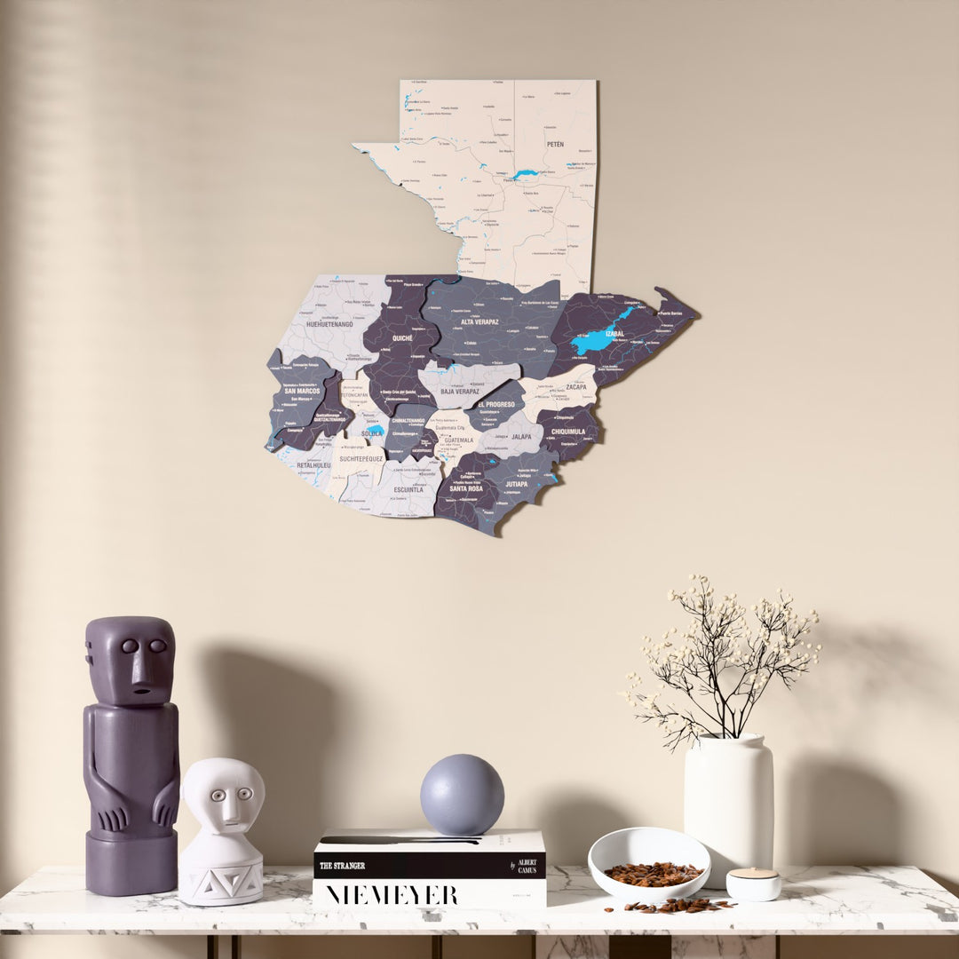 Nimbus Guatemala wooden wall map above a marble console, front view