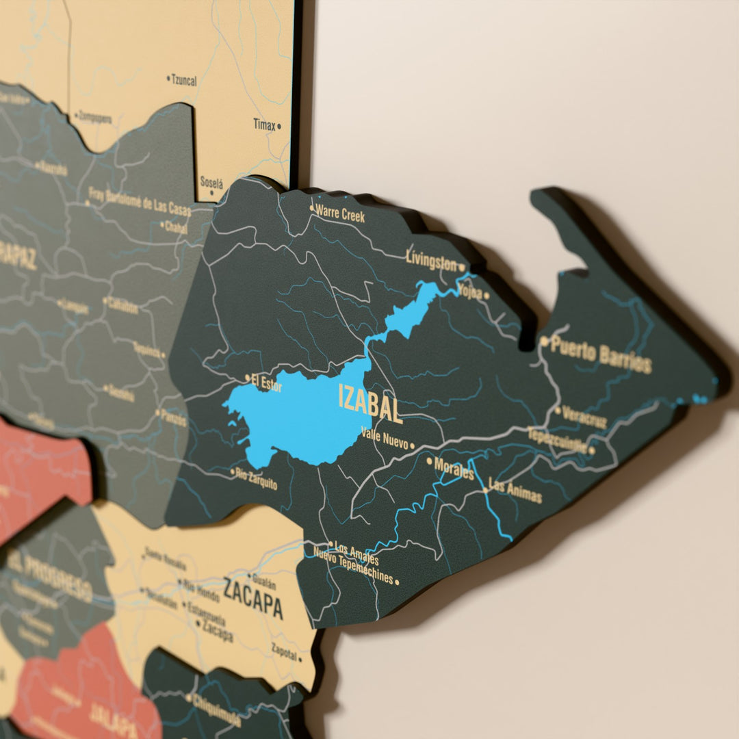 Close-up of the Sage Guatemala wooden wall map with layered regions and printed names